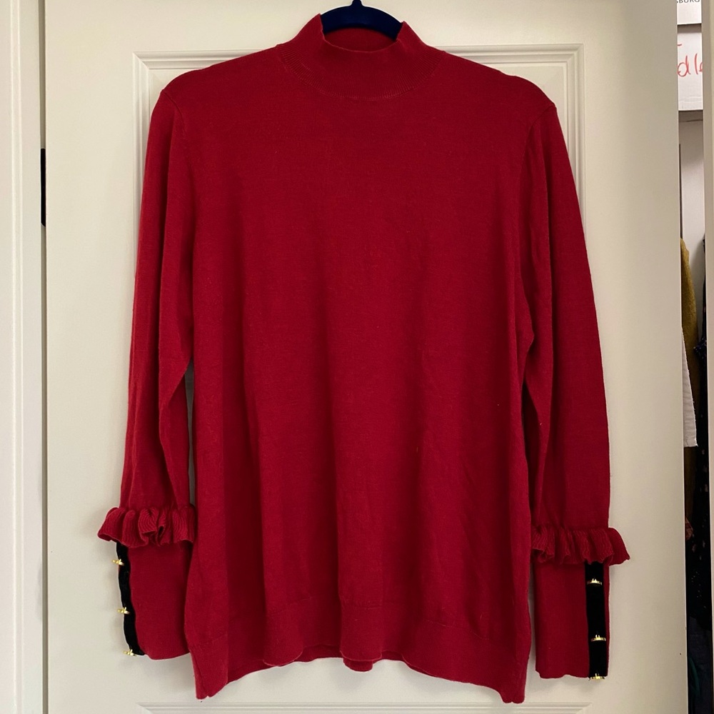 Eloquii Mock Neck Sweater with Ruffle & Button Cuffs, Crimson Red